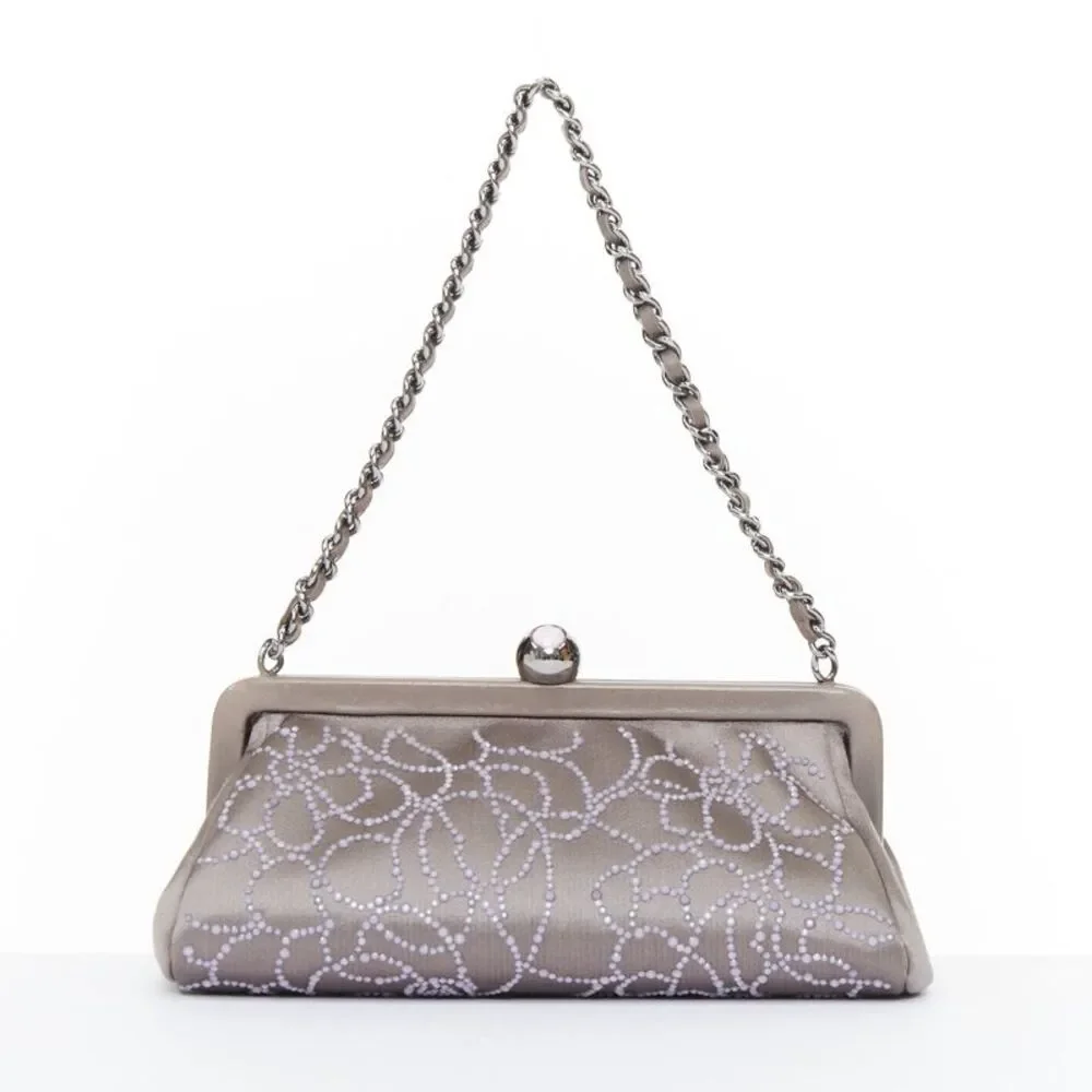 CHANEL 2000 pink pearl beaded grey satin crystal CC kiss lock frame clutch bag